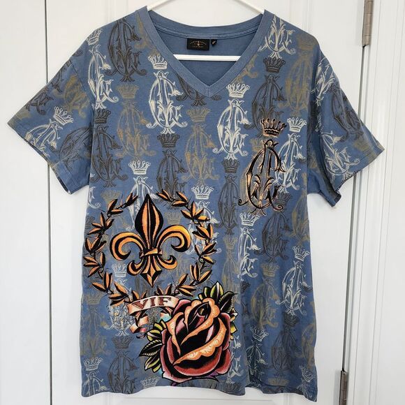 Christian Audigier Other - Christian Audigier Fleur de Lis Rose V-Neck Graphic T-Shirt Blue Crown Print XL